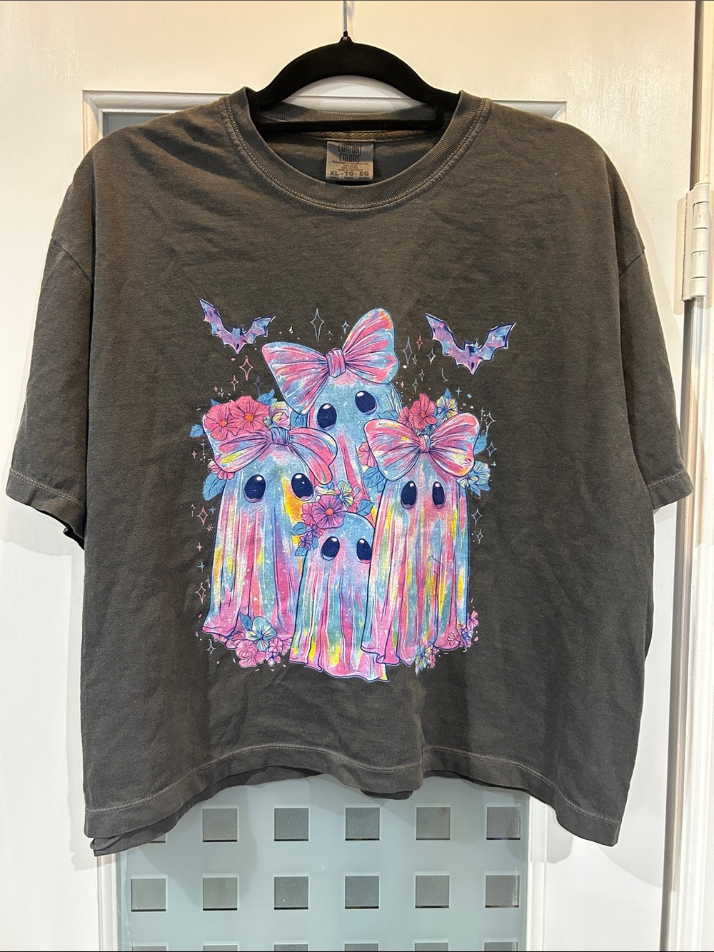 Comfort Colors Charcoal Tee with Pastel Ghost Bow Graphic